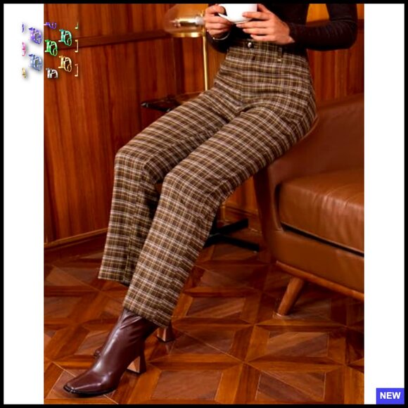 Wide Leg Plaid Trousers High Waisted Elastic Waist Business Casual Chic Work - Picture 3 of 7